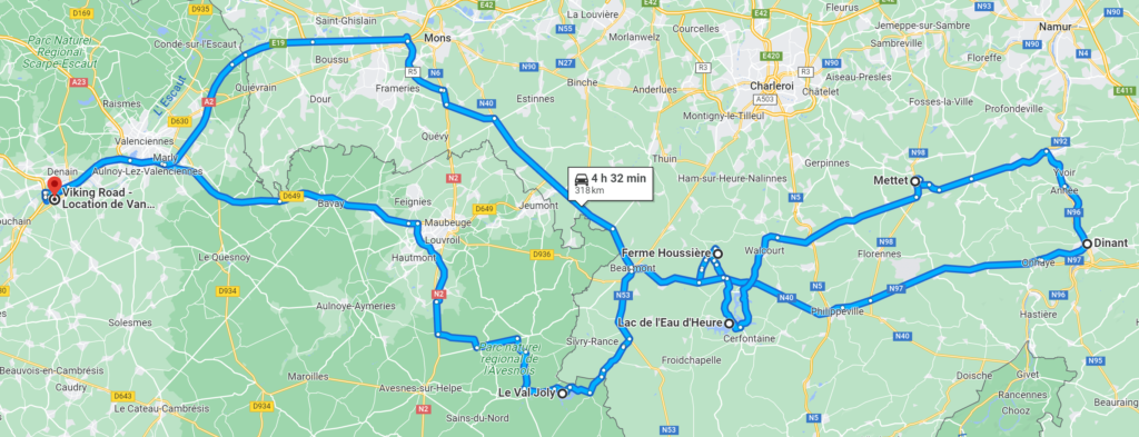 Carte avec l'itinéraire des 3 jours en van pour visiter les Ardennes.